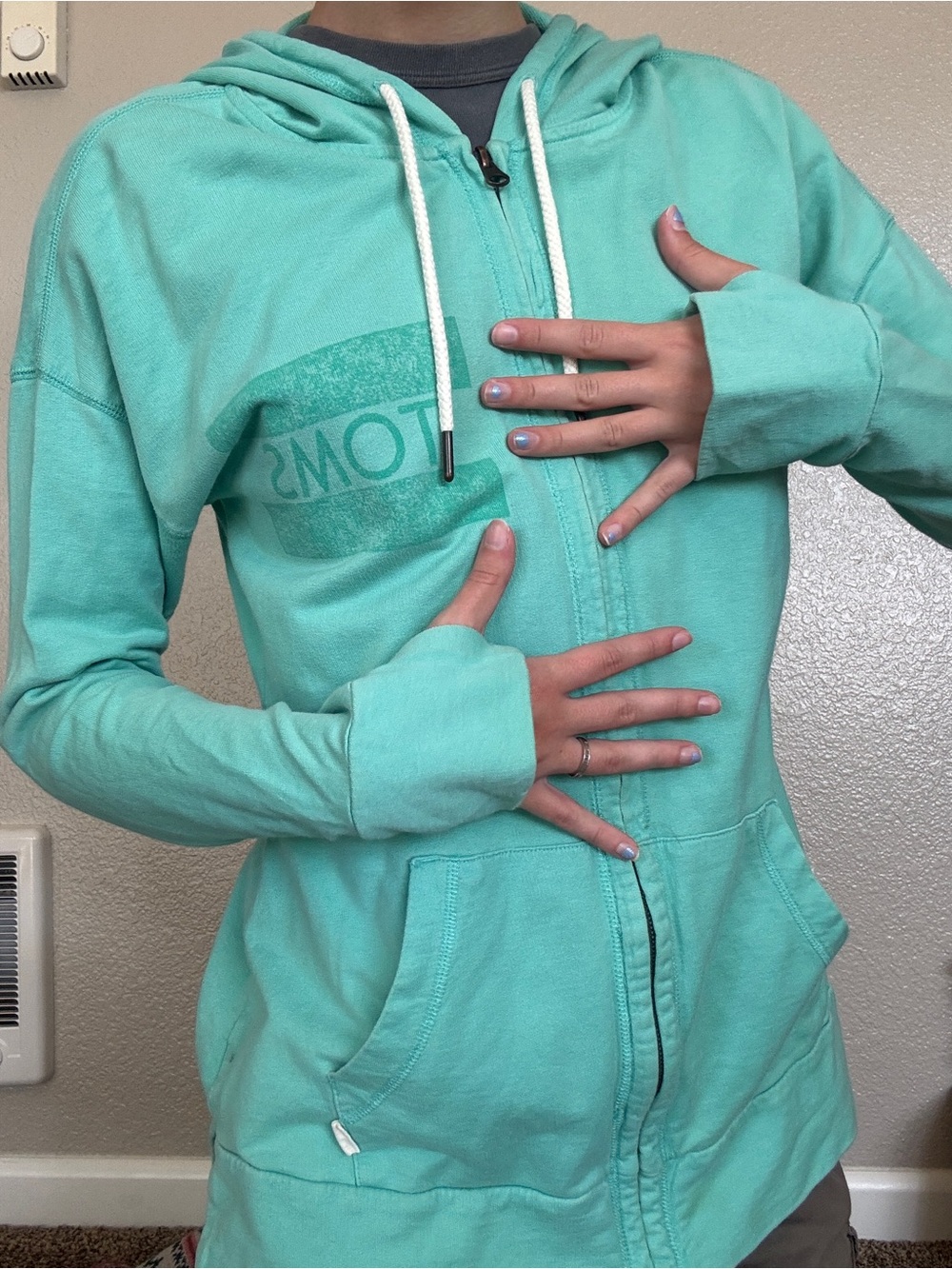 TOMS Aqua Zip-Up Hoodie with White Drawstrings and Thumb Holes